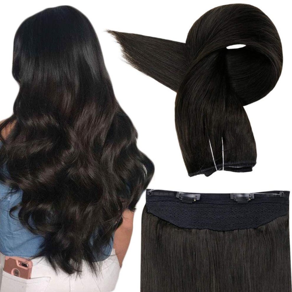 Unisex Black 18 Inch Remy Human Hair Halo Extensions Off Invisible Wire Hairpiece 80G Natural Volume Boost
