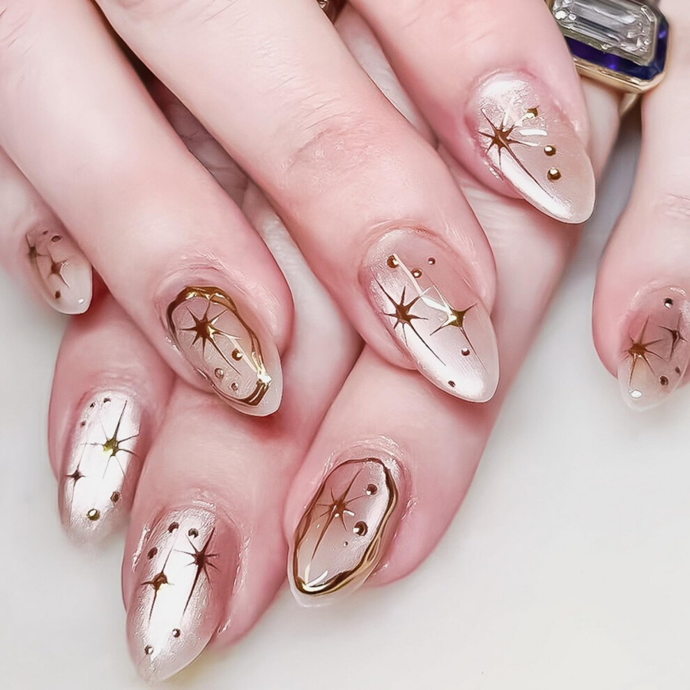 Long Coffin Press On Nails Set, Reusable Acrylic Fake Nails with Pearl Gilding, 24 Pcs