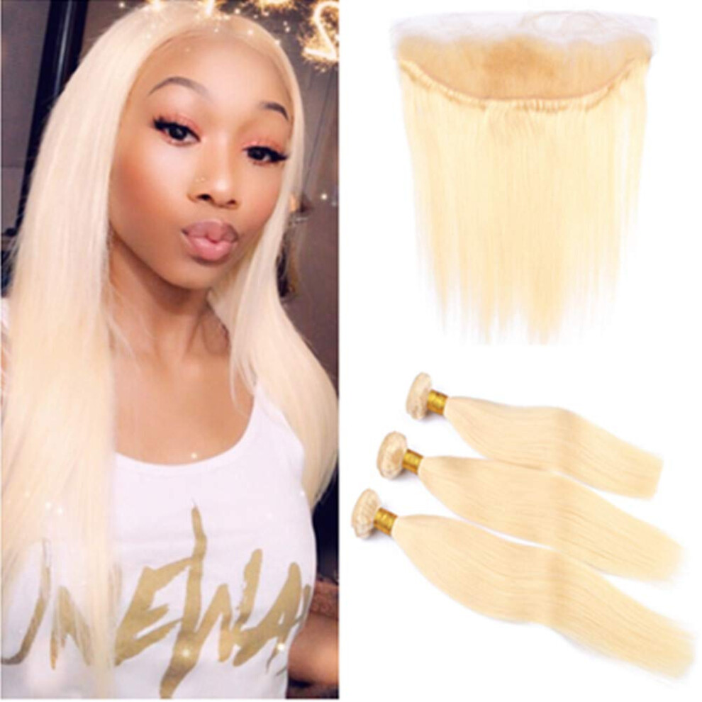 Unisex 613 Blonde Brazilian Virgin Human Hair Bundles With 13X4 Frontal, BleachâReady Straight Weave, Soft FullâVolume