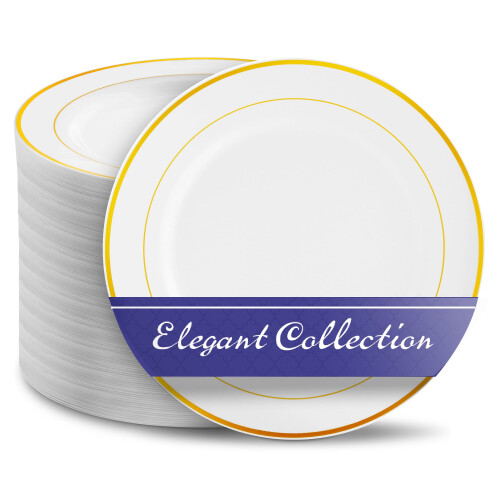 Plastic Dinner Plates White Gold 10.25 Inch 100 Pack