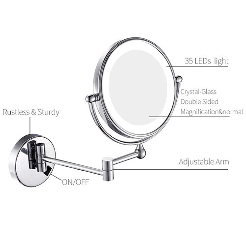 8 Inch Gold Brass Lighted Wall Mounted Makeup Mirror 5X Magnification Foldable Double Sided With Switch 1