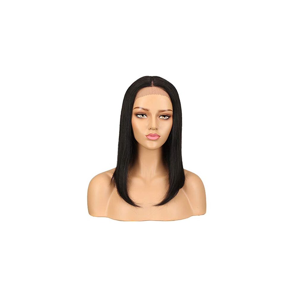 Unisex Black 16 Inch Straight Human Hair Lace Front Wig For Women, Natural Hairline, 130% Density, 1B