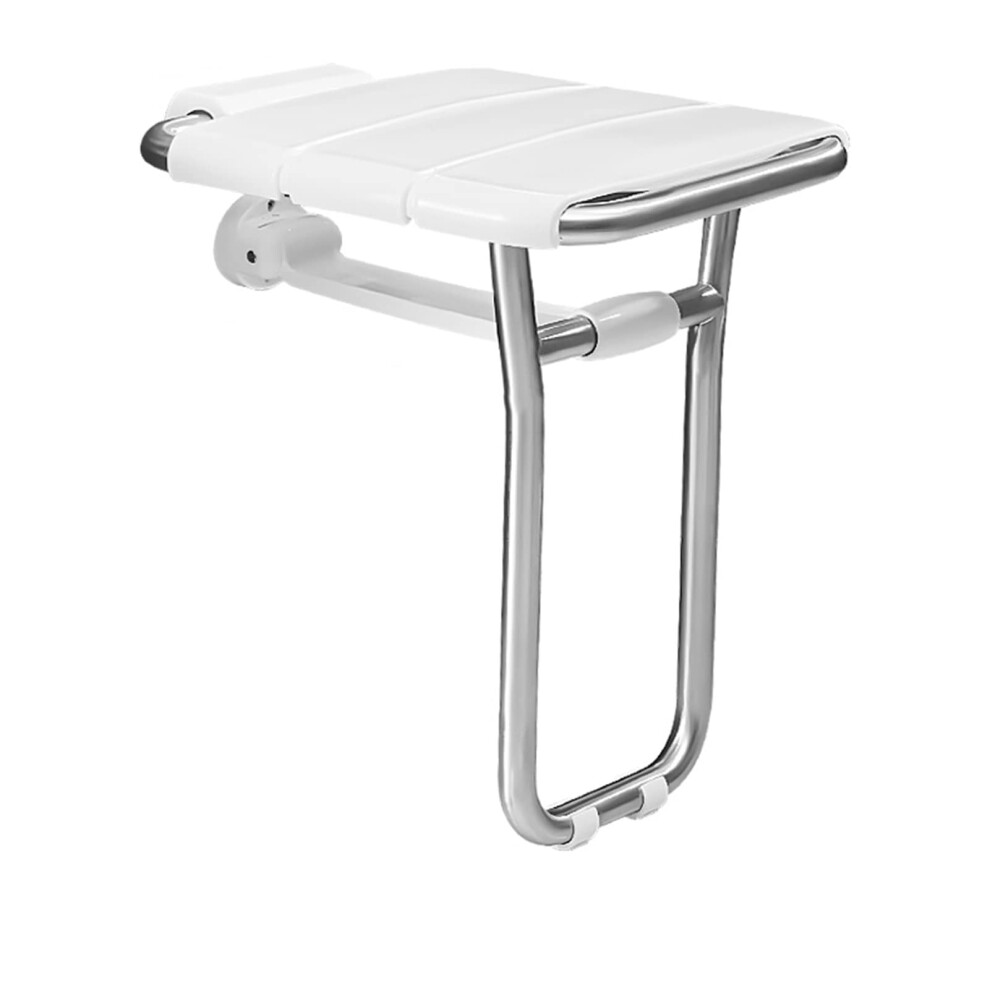 White Wall Mounted Folding Shower Seat With Legs, Ergonomic Comfort, Spacesaving Bath Bench For Elderly,