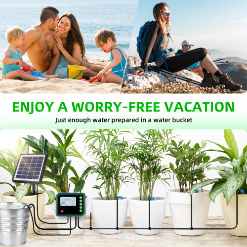 Solar Drip Irrigation System with Programmable Water Timer, Solar Powered Automatic Plant Watering Kit for 15 Potted Plants 1