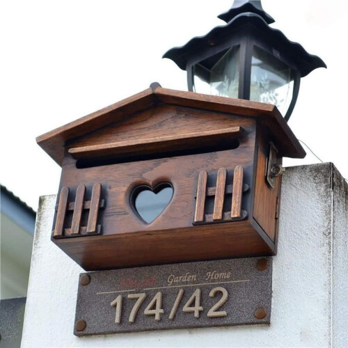 Lockable Solid Wood Wall Mounted Mailbox for Outdoor Use, Weatherproof Rustic Home Letterbox 2