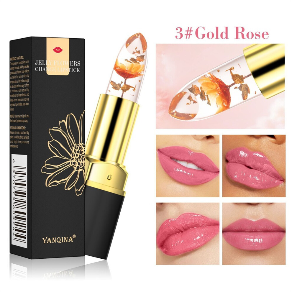 (03#Gold Rose) 3 Colors Flower Transparent Lipstick Lasting Moisturizer Crystal Jelly Lipsticks Temperature Color Changing Lip Balm Lips Care