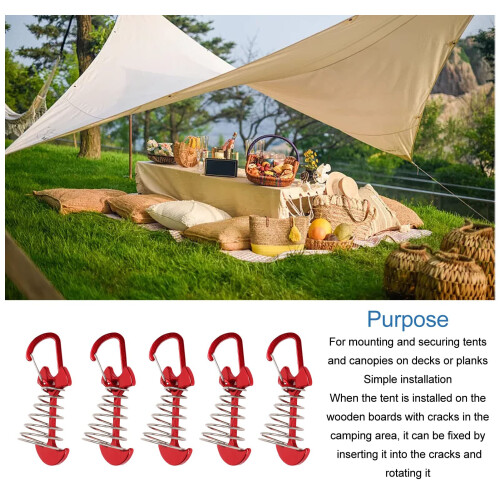 5PCS Tent Anchor Pegs with Secure Spring Hook, Adjustable Rope Lock, Durable Alloy Deck Awning Set 2