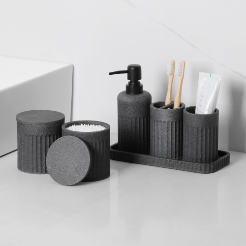 Bathroom Accessory Set 6 Piece Complete Dark Grey Modern Neutral Design Easy Clean Bathroom Decor Set 1