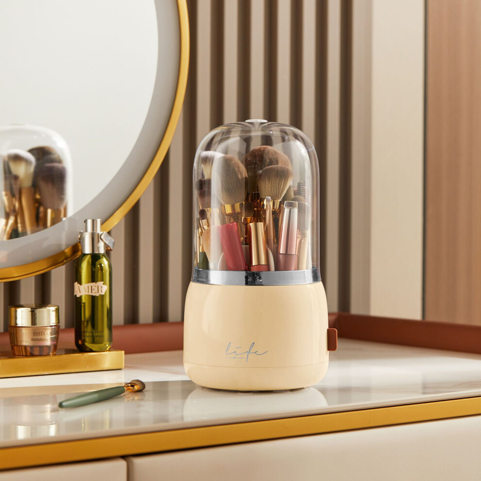 (Milk yellow) 360?? Rotating Clear Desktop Makeup Organizer with Cosmetic Brush Storage Bucket