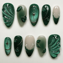 24Pcs Green Cat Eye with 3D Wavy Pattern Fake Nails French Detachable Manicure