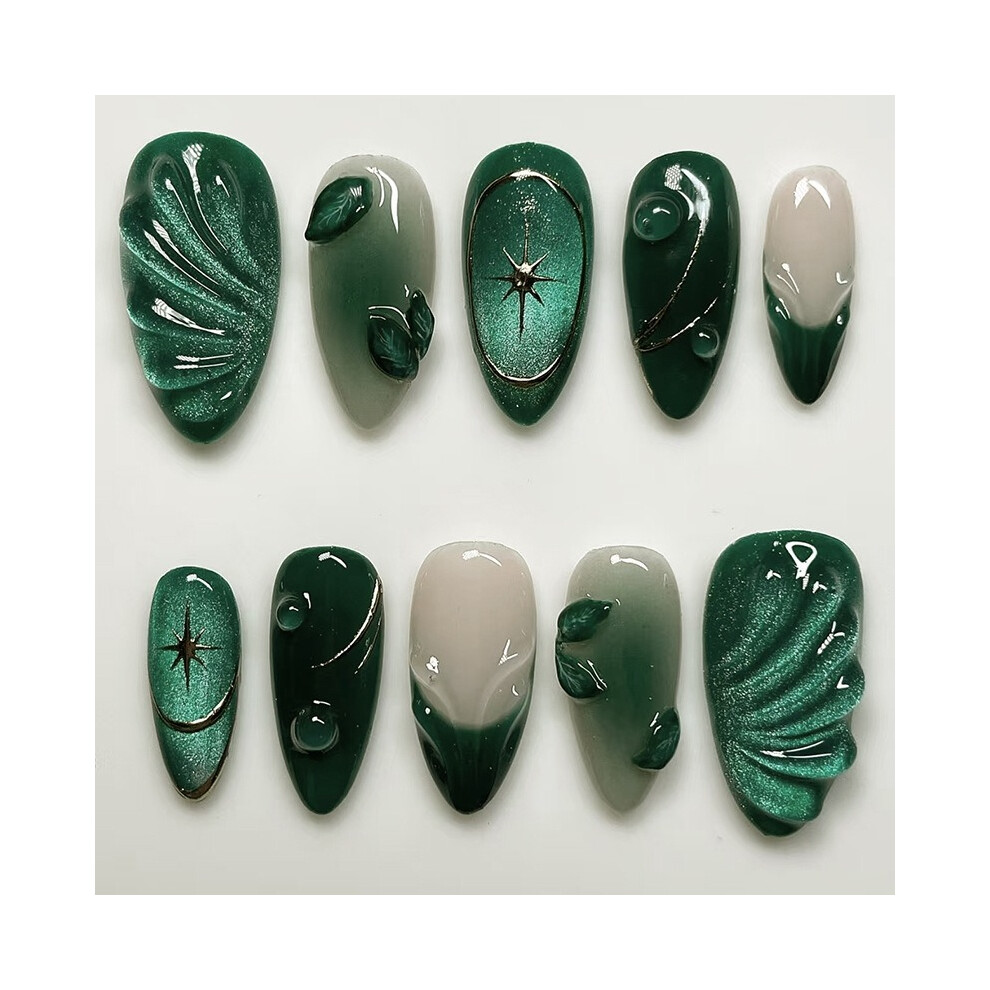 24Pcs Green Cat Eye with 3D Wavy Pattern Fake Nails French Detachable Manicure