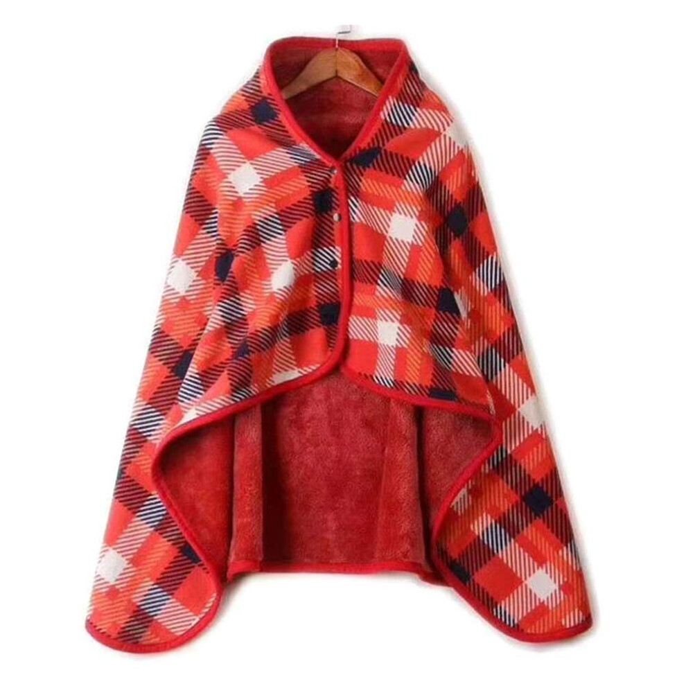 Red Wearable Blanket Fleece Shawl With Button Closure, Soft Flannel Cloak For Wheelchair Or Travel,