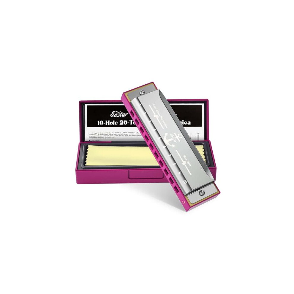 Eastar Major Blues Diatonic Harmonica 10 Holes C Key Mouth Organ For Kids Adults Beginners With Hard Case And Cleaning Cloth, Pink
