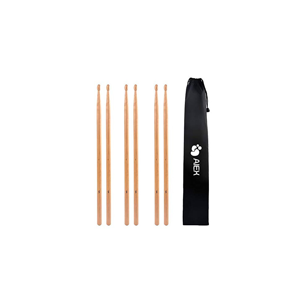 Aiex 5A Drumsticks, 3 Pair Drum Sticks Classic Maple Wood Drumsticks Wood Tip Drumstick For Students And Adults (With Waterproof Bag)