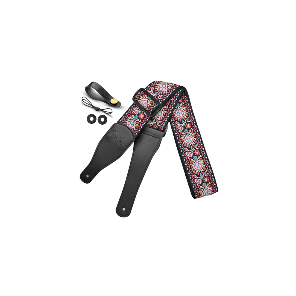 Bestsounds Guitar Strap, Jacquard Embroidered Cotton Straps With Leather Ends Shoulder Strap For Bass, Acoustic, Electric Guitar (Jacquard Rose Red)