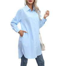 Damen Casual Shirt Kleid Kragen V-Ausschnitt Button Down Lose Langarm Kleider Blau XL