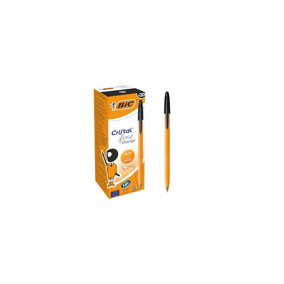 Bic Fine Ballpoint Pens, Fine Point (0.8 Mm), Blank Ink, Box Of 20 - Writing Pens With Long-Lasting Ink, Orange/Black