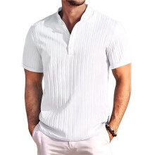 T-Shirt Henley Décontracté à Manches Courtes et Col Montant pour Homme, Texturé, Idéal pour la Plage et L'Été Blanc XXL