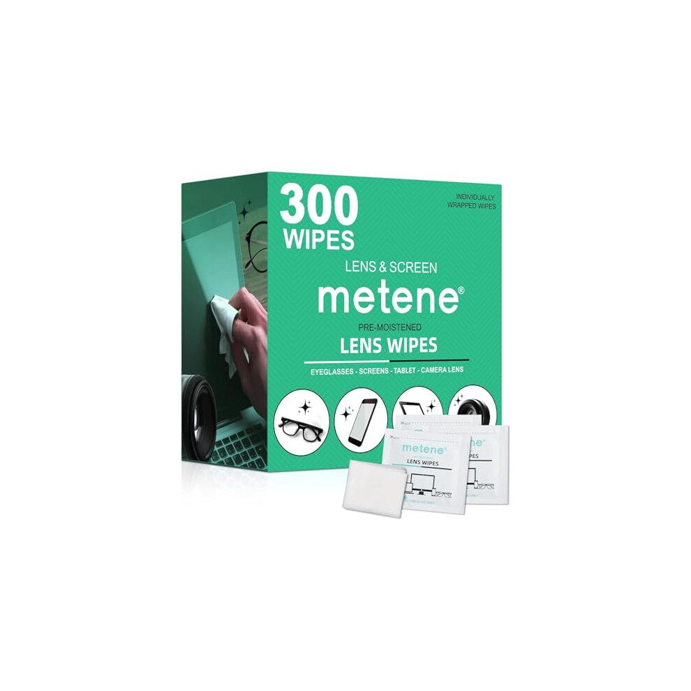 Metene Lens Cleaning Wipes, 300 Pcs Individually Wrapped Glasses Wipes, Pre-Moistened Lens Wipes, Great For Eyeglasses, Camera Lens, Tablets, Tv, Pho