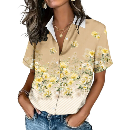 Women's Button-Down Shirts, Short Sleeve, V-Neck,-Pink S 1