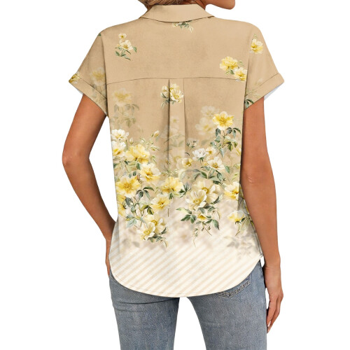 Women's Button-Down Shirts, Short Sleeve, V-Neck,-Pink S 2
