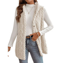 Herbst Winter Damen Doppelseitige Fleece Casual Kapuzen Strickjacke Weste Casual Oversize Warm Button Fleece Weste Aprikose M
