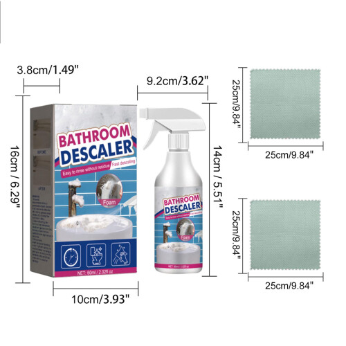 Bathroom Descaler Spray 60ml, Fast Foam Cleaning Limescale Remover, Includes Two Cloths 1
