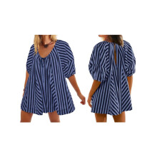 Combinaison Short à Rayures Surdimensionnées pour Femme, Vêtements de Plage et de Vacances avec Poches Bleu Foncé M