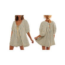 Combinaison Short à Rayures Surdimensionnées pour Femme, Vêtements de Plage et de Vacances avec Poches Abricot L