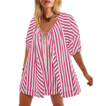 Combinaison Short à Rayures Surdimensionnées pour Femme, Vêtements de Plage et de Vacances avec Poches Rouge XXL