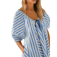 Combinaison Short à Rayures Surdimensionnées pour Femme, Vêtements de Plage et de Vacances avec Poches Bleu XL