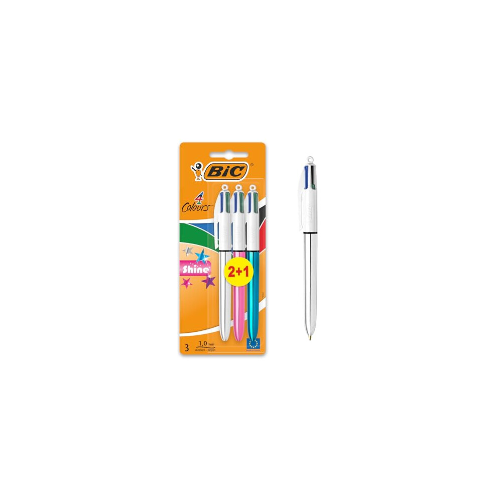 Bic Pens Multicolour 4 Colours Shine - Assorted Metallic Barrel Retractable Ballpoint Pens - Pack Of 3