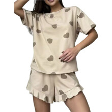 Ensemble Pyjama Imprimé pour Femme, Pull, Haut à Manches Courtes et Short Cœur D'Amour Marron XL