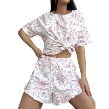 Ensemble Pyjama Imprimé pour Femme, Pull, Haut à Manches Courtes et Short Motif Rouge XL