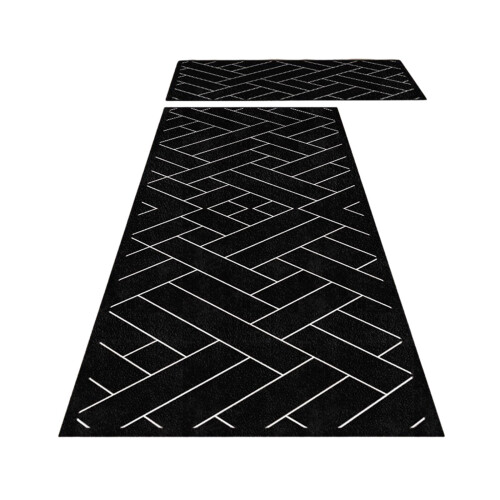 Kitchen Mat Set 2pcs Non-Slip Cushioned Rugs Black 1