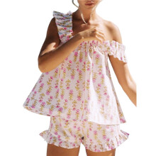 Ensemble Pyjama Deux Pièces Imprimé Floral et Short Décontracté pour Femme Fleurs Roses Rouges XL