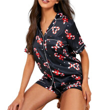 Ensemble de Pyjama de Noël pour Femme, Haut à Manches Courtes et Short à Revers, Imprimé Père Noël Imprimé Béquille Noire M