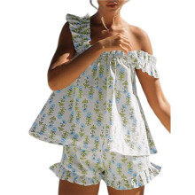 Ensemble Pyjama Deux Pièces Imprimé Floral et Short Décontracté pour Femme Petite Fleur Bleue XL