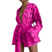 Ensemble Pyjama Ample Imprimé pour Femme, Décontracté, à Lacets, Manches Longues, Short Taille Haute, Vêtements de Maison Rose Rouge L