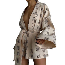Ensemble Pyjama Ample Imprimé pour Femme, Décontracté, à Lacets, Manches Longues, Short Taille Haute, Vêtements de Maison Kaki M