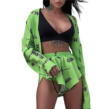 Ensemble Pyjama Ample Imprimé pour Femme, Décontracté, à Lacets, Manches Longues, Short Taille Haute, Vêtements de Maison Vert S