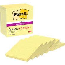 Post-it Super Sticky Notes, Double The Sticking Power, 4 + 2 Free Pads, 540 Sheets, 76 mm x 76 mm, Canary Yellow - Self-Sticking Notes for Walls, Mon