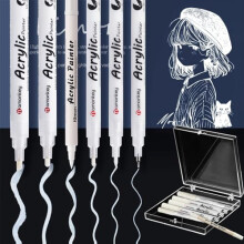 White Gel Pen, 6PCS White Pen Set, 0.5mm/0.7/1.2/2.0/4.0/BR soft tip, Acrylic Gel Pens for Art, Highlight Permanent Ink, for Black Paper, Sketching,
