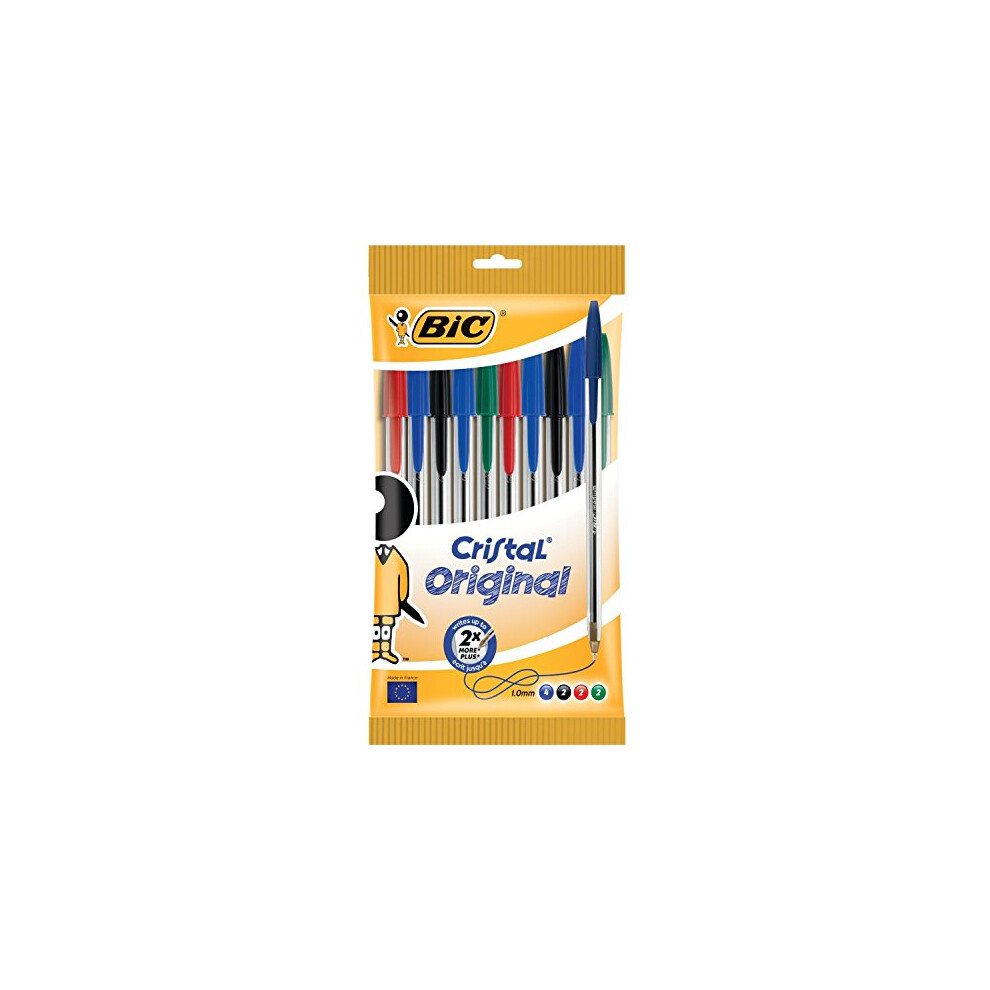 Bic Cristal Original Ballpoint Pens, Every-Day Biro Pens, Fine Point (1.0Mm), Ideal For School, Assorted Colours, Pack Of 10