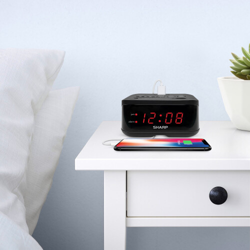 SHARP Digital Alarm Clock Midnight Black Red LED USB 2
