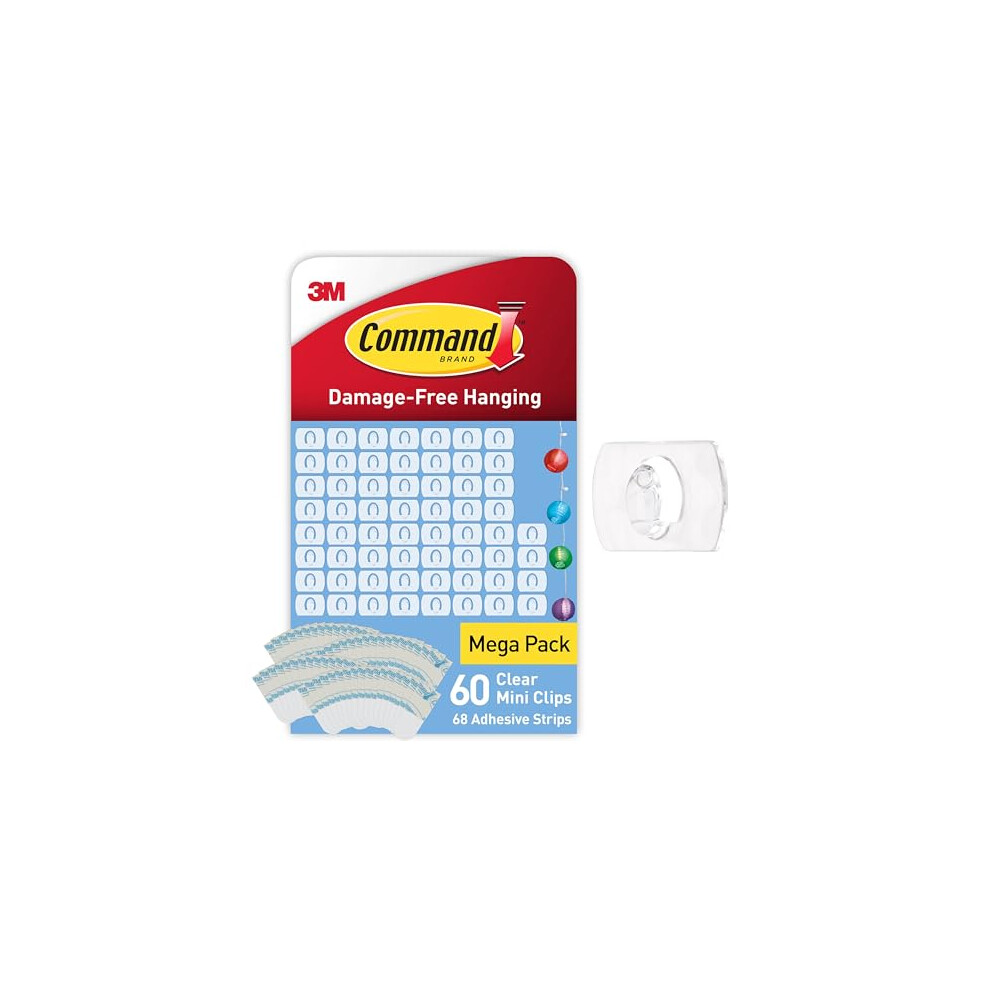 Command Clear Decorating Clips, Value Pack Of 60 Transparent Clips And 68 Small Adhesive Strips - Little Hooks For Decorations And Fairy Lights - Dam