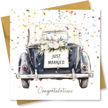 Wedding Card for Bride and Groom. Congratulations on your Wedding Day. Classic Car Design with Gold Foiled text. 150x150mm. Supplied with Gold envelo