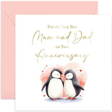 Old English Co. Mum and Dad Anniversary Card - Cute Wedding Anniversary Card for Parents - Traditional Love Romantic Penguins Design for Them | Blank