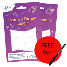 Avery Clothing Name Labels with Pen, 72 Stick-On Labels for Clothes, No Ironing or Sewing, Machine-Washable, 45 x 13mm, White, Ideal for School Unifo