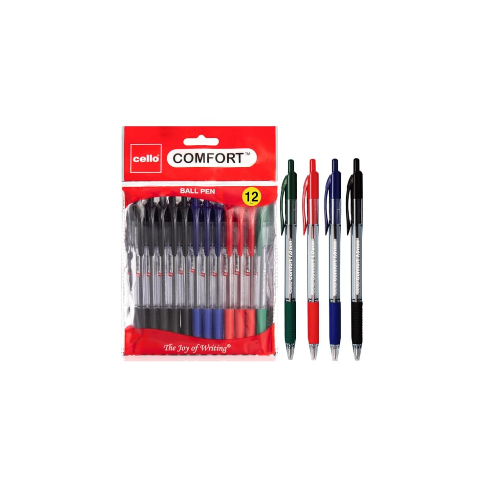 Cello Assorted Coloured Ballpoint Pens - Premium Retractable Biro Pens With Ergonomic Grip, Medium Point 1.0Mm, Pack Of 12 - Ideal For Office, School